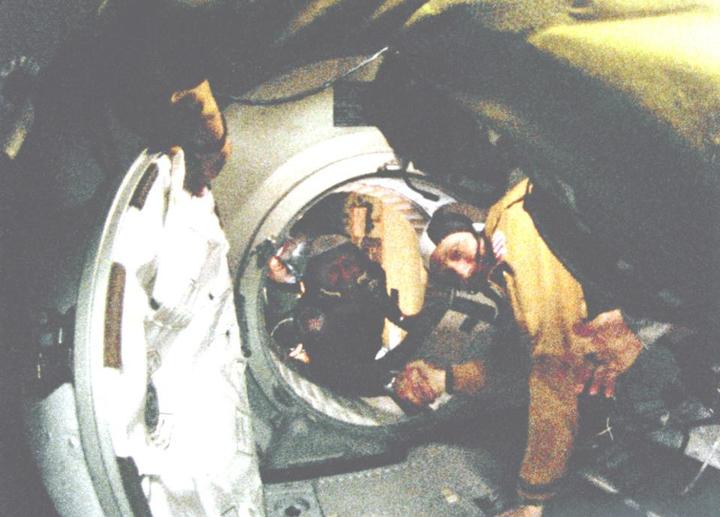 The famous 1975 handshake between Russian cosmonaut Aleksey Leonov and US astronaut Tom Stafford.